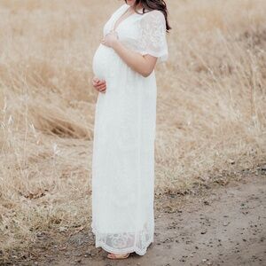 Pinkblush Cream Lace Mesh Overlay Maternity Maxi Dress